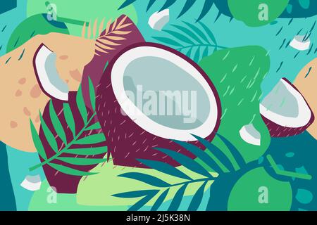 Coconut and leaves seamless elements abstract vector design background Stock Vector