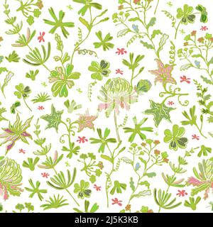 Wildflowers green seamless pattern. Handwork. Vector illustration Stock Vector