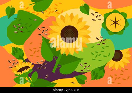 Sunflower and seeds seamless elements abstract pattern vector design background Stock Vector