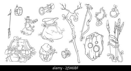 Magic game items with wand, chest, potion and other props. Sketch of druid game objects. Vector illustration isolated in white background Stock Vector