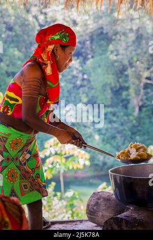 Embera Indian with traditional clothes in a dugout on Chagres River ...