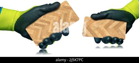 Close-up of a hand with protective work gloves holding a herringbone wood parquet sample, isolated on white background with reflections. Stock Photo