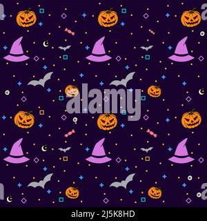 Halloween pattern with pumpkin hat bats moon star candy square in yellow orange pink blue violet color Stock Vector