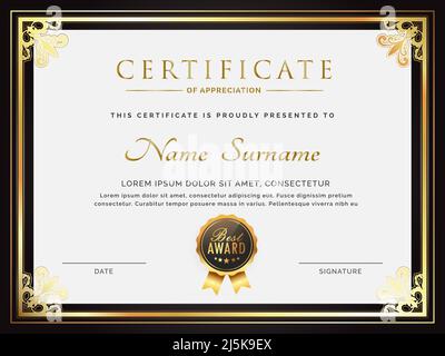 Certificate of appreciation template in gold black color with gold badge. Certificate luxurious border template. Elegant gold black color diploma cert Stock Vector
