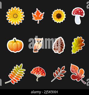 Autumn Element Stickers. Sunflower, Maple Leaf, Mushroom, Pumpkin, Owl, Pine cone, Cherries Stock Vector