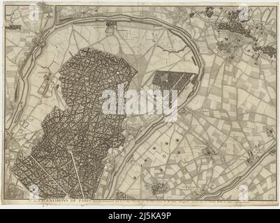 Vintage map of Paris and area around it from 17th/18th century. Maps are beautifully hand illustrated and engraved showing Paris at the time. Stock Photo