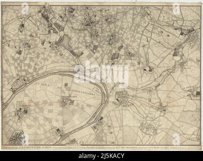 Vintage map of Paris and area around it from 17th/18th century. Maps are beautifully hand illustrated and engraved showing Paris at the time. Stock Photo