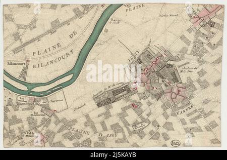 Vintage map of Paris and area around it from 17th/18th century. Maps are beautifully hand illustrated and engraved showing Paris at the time. Stock Photo