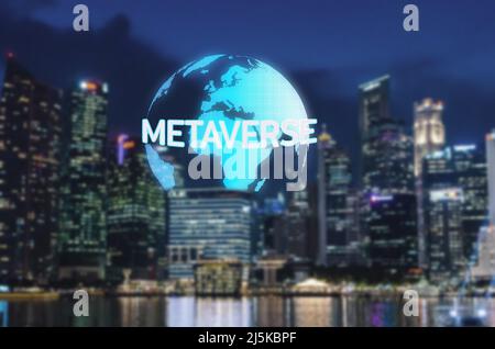 Globe and Metaverse text and office buildings. The concept of modern technology Metaverse Ai on the Internet. Stock Photo