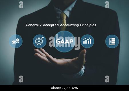 Hand businessman icon GAAP Generally Accepted Accounting Principles  virtual screen.Business financial Concept. Stock Photo