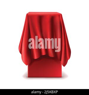 Vector realistic stand covered with red silk cloth isolated on white background. Empty podium, tribune with tablecloth for speech or presentation. Sec Stock Vector