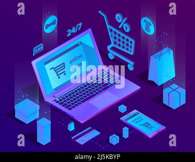 Vector 3d isometric concept of e-commerce, online store. Shopping service, payment by smartphone or laptop and delivery. Illustration in purple, ultra Stock Vector