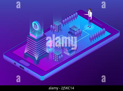 Vector 3d isometric bitcoin concept with building, man in suit with case goes to office for mining of cryptocurrency, internet money. Violet illustrat Stock Vector
