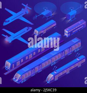 Vector 3d isometric set of urban air and land transportation, tram, trolley. Ultra violet passenger vehicles - bus, subway. Collection of aircrafts - Stock Vector