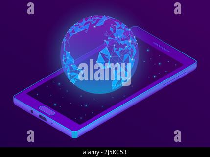Vector 3d isometric ultraviolet smartphone with world hologram. Puple globe on display of electronic device. Internet connection, social network. Stock Vector