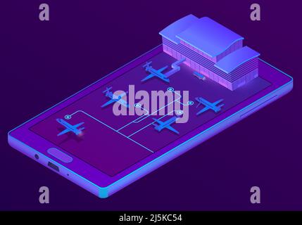 Vector 3d isometric ultraviolet smartphone with airport and planes - booking, reservation of tickets online by mobile app. Purple travel concept on di Stock Vector