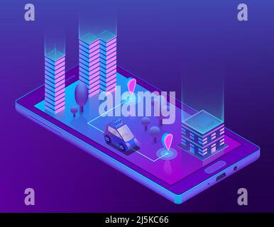 Vector 3d isometric concept with smart taxi for smartphone, app for device. Wireless navigation for driving car, travel in city, urban. Smartcar with Stock Vector