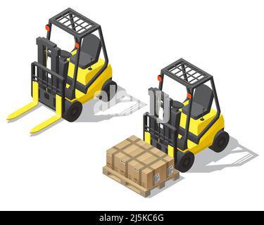 Vector 3d isometric forklift set isolated on white background. Empty yellow loader and machine with pallet, cardboard boxes for storage, warehouse. Sh Stock Vector