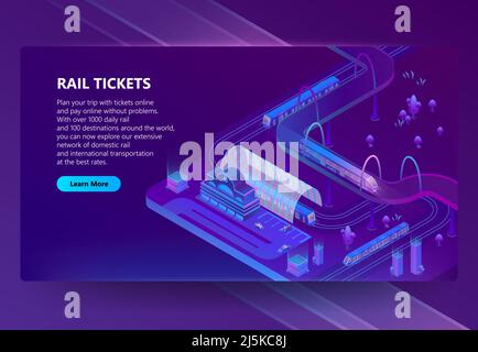 Vector 3d isometric illustration of railway station with trains, city roads with trams in ultra violet colors. Rail tickets online concept banner, web Stock Vector