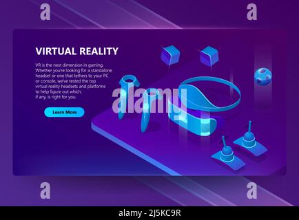 VR, augmented reality vector isometric concept background. Gadgets for cyberspace and gaming, headset and glasses, manipulators. Futuristic web banner Stock Vector