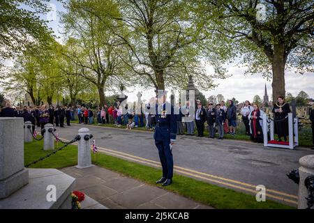 Warrington, UK. 24th Apr 2022. The Anniversary of ANZAC Day (Australian and New Zealand Army Corps) has been commemorated within Soldiers' Corner of Warrington Cemetery when the Mayor of Warrington, Cllr Maureen Creaghan and Flight Leiutenant Ben Heaton, laid wreaths Cadets at the memorial cross. Members from the Queen's Lancashire Regiment, Warrington Sea Cadets and many veterans were in attendance Credit: John Hopkins/Alamy Live News Credit: John Hopkins/Alamy Live News Stock Photo