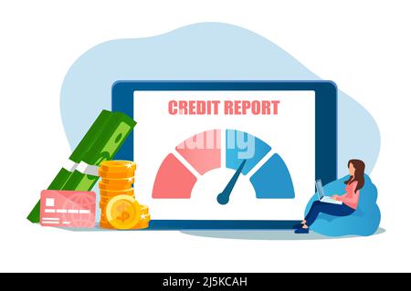 Vector of a young woman with laptop getting her credit report online Stock Vector