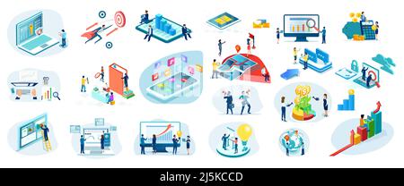 Vector business set of businesspeople using modern technology to achieve financial goals Stock Vector