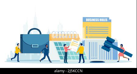 Vector of business people reading corporate rules and policies. Business laws, regulations and standards concept Stock Vector