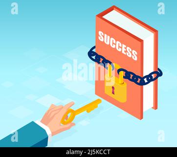 Vector of a businessman hand holding a key to unlock a success book with lock. Key to success and education concept. Stock Vector