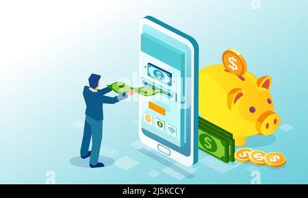 Vector of a man making money deposit using mobile app on a smartphone Stock Vector