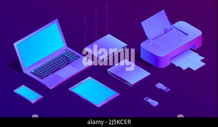 Vector 3d isometric violet laptop, router with wi-fi and office equipment. Ultraviolet computer, flash drivers with printer for networking, typography Stock Vector