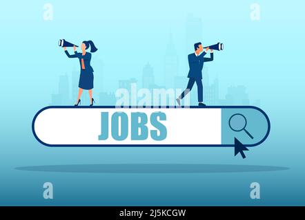 Vector of a businessman and a businesswoman looking for a job standing on a search bar Stock Vector