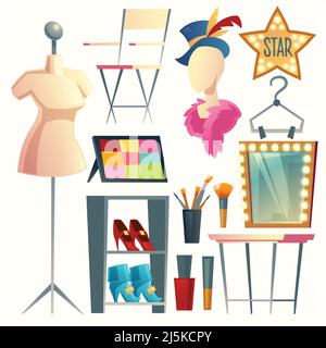 Vector cartoon actress, actor's dressing room. Collection with furniture, clothing and hanger with costumes. Table with light bulbs and mirror. Makeup Stock Vector