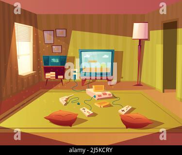 Vector cartoon illustration of empty playroom for children with game console, tv screen and joysticks. Kids room for leisure and fun, interior with fu Stock Vector
