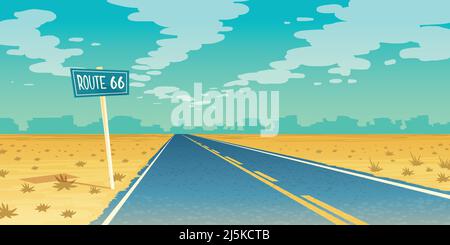 Vector desert landscape with empty asphalt way to canyon, wasteland. Route 66, path with road sign. Voyage background with clouds. Stock Vector