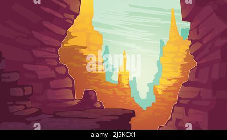 Vector cartoon illustration of Grand Canyon, national park of Arizona state on Colorado river. Red sandstone mountains, horizon with sand rocks and sk Stock Vector