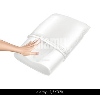 Vector 3d realistic orthopedic pillow from natural latex with memory effect. Hand touches white cozy cushion and leaves the trace. Comfortable bedding Stock Vector