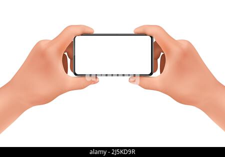 Vector 3d realistic human hands holding smartphone for taking photo. Template, mock up for mobile app or advertisment. Screen of electronic device, sm Stock Vector