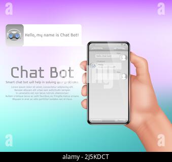 Artificial intelligence, online chatbot vector concept background. Human hand holding smartphone, user chatting in messenger and asking smart robot fo Stock Vector