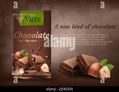 Vector promotion banner, package of milk chocolate with hazelnuts isolated on brown background. Sweet confectionery product, choco bars with whole nut Stock Vector