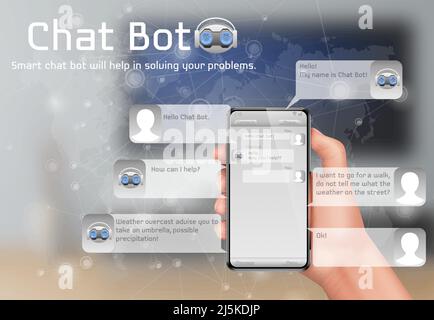 Online chatbot vector concept background. Human hand holding smartphone, user chatting in messenger and asking smart robot for help. Support service w Stock Vector