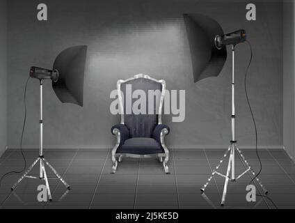 Vector realistic background, room with gray wall and floor, photo studio with empty armchair, lamps and softboxes on tripod stands. Mockup with modern Stock Vector