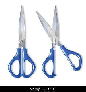 Vector realistic set of scissors with blue plastic handles, with open and closed blades, isolated on background. Professional cutting tool for tailors Stock Vector