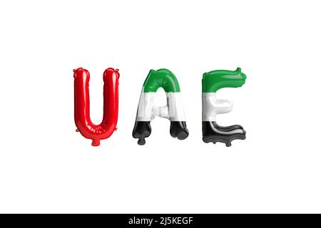 3d illustration of Uae-letter balloons with flags color isolated on white Stock Photo