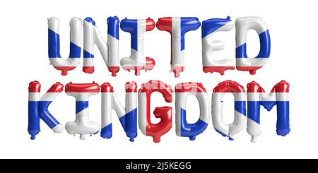 3d illustration of United Kingdom-letter balloons with flags color isolated on white Stock Photo