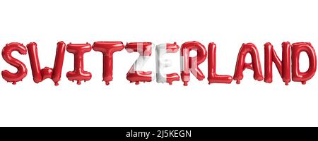 3d illustration of Switzerland-letter balloons with flags color isolated on white Stock Photo