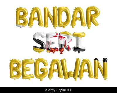 3d illustration of Bandar Seri Begawan capital balloons with Brunei flags color isolated on white Stock Photo
