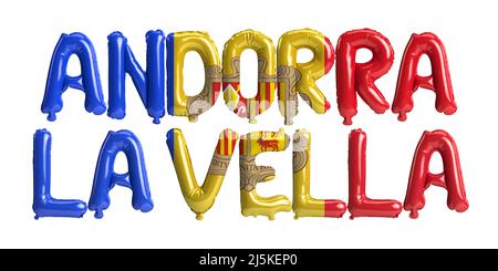 3d illustration of Andorra La Vella capital balloons with Andorra flags color isolated on white Stock Photo