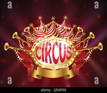 Vector circus signboard with glowing light bulbs, striped tent, trumpets, stars and flags isolated on red background. Decorative carnival retro frame Stock Vector