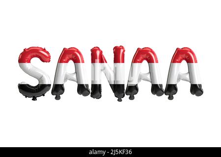 3d illustration of Sanaa capital balloons with Yemen flags color isolated on white Stock Photo